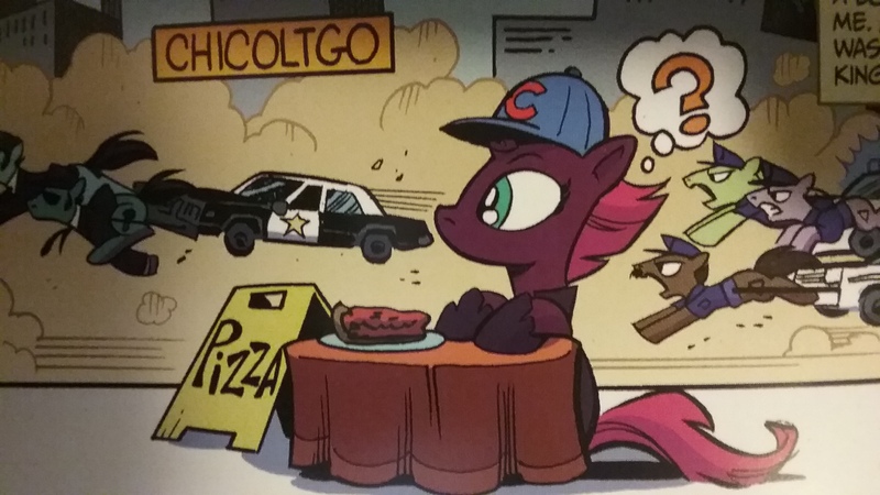 Size: 2560x1440 | Tagged: safe, derpibooru import, idw, fizzlepop berrytwist, tempest shadow, pony, spoiler:comic, spoiler:comic67, baseball cap, blues brothers, bluesmobile, cap, chicago, chicago cubs, chicoltgo, deep dish pizza, dodge monaco, elwood j. blues, food, hat, jake blues, pizza, police car, police chase, police officer, police pony, question mark