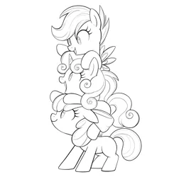 Size: 1728x1761 | Tagged: safe, artist:mn27, derpibooru import, apple bloom, scootaloo, sweetie belle, earth pony, pony, unicorn, adorabloom, black and white, bow, cute, cutealoo, cutie mark crusaders, diasweetes, female, filly, grayscale, hair bow, lineart, monochrome, pony pile, simple background, smiling, tower of pony, trio, white background