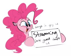 Size: 1404x1112 | Tagged: safe, artist:hattsy, derpibooru import, pinkie pie, earth pony, pony, blushing, dialogue, hoof hold, open mouth, sign, smiling, solo