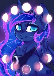 Size: 2834x4015 | Tagged: safe, artist:ruef, derpibooru import, princess luna, alicorn, pony, cheek fluff, chest fluff, colored pupils, constellation, cute, ear fluff, eyebrows visible through hair, female, leg fluff, lunabetes, mare, moon, phases, smiling, solo