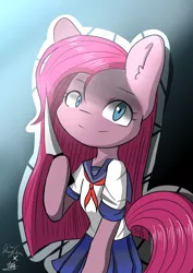 Size: 2480x3507 | Tagged: safe, artist:linlaifeng, derpibooru import, pinkie pie, pony, cute, cuteamena, diapinkes, ear fluff, hoof hold, knife, pinkamena diane pie, sailor uniform, solo, uniform, yandere, yandere pie, yandere simulator