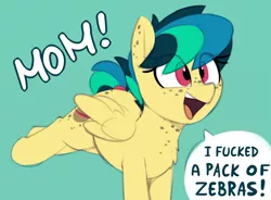 Size: 1280x941 | Tagged: suggestive, artist:shinodage, derpibooru import, edit, oc, oc:apogee, unofficial characters only, pegasus, pony, adorkable, blue background, body freckles, bucking, butt freckles, chest fluff, chest freckles, cute, dialogue, dork, ear freckles, excited, exploitable meme, female, filly, freckles, happy, image, implied zebra, meme, mom! meme, ocbetes, open mouth, png, proud, raised leg, shitposting, simple background, smiling, solo, speech bubble, tail wrap, teenager, text, vulgar