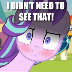 Size: 721x720 | Tagged: safe, artist:agrol, derpibooru import, edit, starlight glimmer, sunburst, blushing, caption, female, glarelight glimmer, image macro, male, reaction image, shipping, starburst, straight, text, time for two, what has been seen