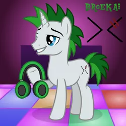 Size: 2000x2000 | Tagged: safe, artist:tacobender, derpibooru import, oc, pony, unicorn, dance floor, green hair, happy, headphones, male, musician, show accurate, solo, stallion, vector, white coat, youtuber