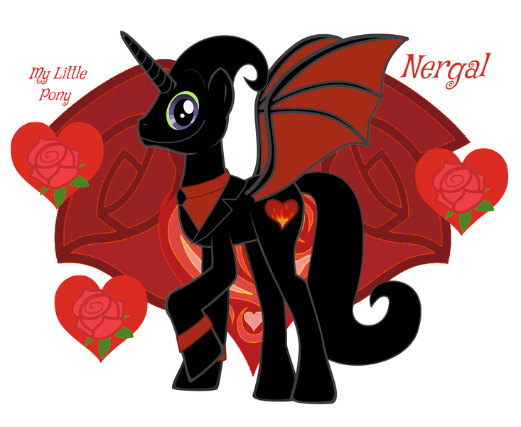 Size: 3184x2608 | Tagged: safe, artist:meganlovesangrybirds, derpibooru import, red roses, ponified, pony, business suit, cartoon network, clothes, horn, my little pony, nergal, nergal and princess bubblegum, red, the grim adventures of billy and mandy, wings