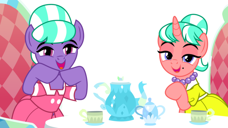 Size: 3550x2000 | Tagged: safe, artist:tomfraggle, derpibooru import, stepford ponies, earth pony, pony, unicorn, what lies beneath, clothes, cup, dress, lidded eyes, looking at you, open mouth, simple background, table, teacup, transparent background