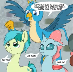 Size: 1863x1843 | Tagged: safe, artist:chedx, derpibooru import, gallus, ocellus, sandbar, yona, changedling, changeling, gryphon, pony, yak, comic:the weekend wager, cropped, school of friendship, smiling, smug