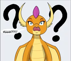 Size: 1201x1037 | Tagged: artist:chedx, comic:the weekend wager, confused, cropped, derpibooru import, dragon, huh, question mark, safe, shocked, smolder