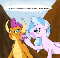 Size: 1903x1843 | Tagged: artist:chedx, cheek squish, comic:the weekend wager, commission, cropped, cute, derpibooru import, diastreamies, dragon, dragon lands, hippogriff, safe, silverstream, smolder, smolderbetes, squishy cheeks