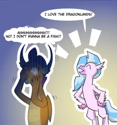 Size: 1733x1845 | Tagged: artist:chedx, comic:the weekend wager, cropped, derpibooru import, dragon, hippogriff, panic attack, panicking, safe, silverstream, smolder