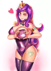 Size: 1668x2320 | Tagged: armpits, artist:tzc, big breasts, breasts, busty princess cadance, clothes, derpibooru import, edit, editor:rd42, female, gradient background, heart, heart hands, horn, horned humanization, human, humanized, latex, leotard, looking at you, nail polish, one eye closed, princess cadance, sexy, smiling, socks, solo, solo female, suggestive, thigh highs