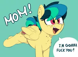 Size: 1280x941 | Tagged: suggestive, artist:shinodage, derpibooru import, edit, edited edit, oc, oc:apogee, unofficial characters only, pegasus, pony, adorkable, blue background, body freckles, bucking, butt freckles, chest fluff, chest freckles, cute, dialogue, dork, ear freckles, excited, exploitable meme, female, filly, freckles, happy, implied incest, lesbian, meme, mom! meme, ocbetes, open mouth, proud, raised leg, simple background, smiling, solo, speech bubble, tail wrap, teenager, text, vulgar
