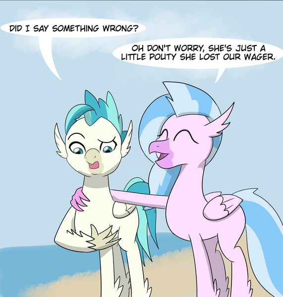 Size: 1755x1845 | Tagged: artist:chedx, beach, comic:the weekend wager, commission, cropped, derpibooru import, hippogriff, safe, silverstream, terramar