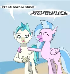 Size: 1755x1845 | Tagged: artist:chedx, beach, comic:the weekend wager, commission, cropped, derpibooru import, hippogriff, safe, silverstream, terramar