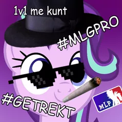 Size: 512x512 | Tagged: safe, derpibooru import, starlight glimmer, pony, dank memes, fedora, get rekt, hat, meme, mlg, montage parody, shitposting, smoke weed erryday, sunglasses