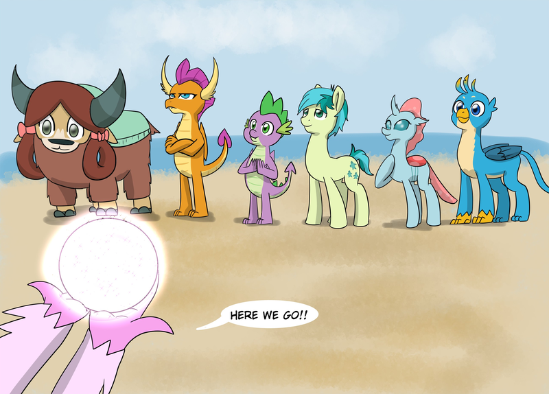 Size: 2573x1845 | Tagged: safe, artist:chedx, derpibooru import, gallus, ocellus, sandbar, silverstream, smolder, spike, yona, changedling, changeling, classical hippogriff, dragon, earth pony, gryphon, hippogriff, pony, yak, comic:the weekend wager, beach, bow, cloven hooves, commission, dragoness, female, hair bow, jewelry, male, monkey swings, necklace, pearl, student six, teenager, winged spike