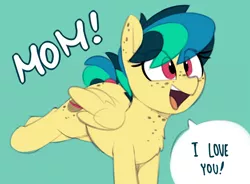 Size: 1852x1361 | Tagged: safe, artist:shinodage, derpibooru import, edit, editor:paperbagpony, oc, oc:apogee, unofficial characters only, pegasus, pony, adorkable, blue background, body freckles, bucking, butt freckles, chest fluff, chest freckles, cute, dialogue, dork, ear freckles, excited, exploitable meme, female, filly, freckles, happy, meme, mom! meme, ocbetes, open mouth, proud, raised leg, simple background, smiling, solo, speech bubble, tail wrap, teenager, text, wholesome