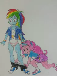 Size: 2448x3264 | Tagged: suggestive, artist:dcb2art, derpibooru import, pinkie pie, rainbow dash, equestria girls, :3, assisted exposure, cat underwear, clothes, converse, embarrassed, embarrassed underwear exposure, legs, panties, pantsing, pink underwear, prank, shoes, skirt, traditional art, underwear