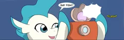 Size: 2591x853 | Tagged: artist:chedx, camera, comic:the weekend wager, commission, derpibooru import, dialogue, fins, male, open mouth, safe, seapony (g4), seaquestria, solo, terramar