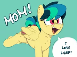 Size: 1280x941 | Tagged: safe, artist:shinodage, derpibooru import, edit, edited edit, oc, oc:apogee, unofficial characters only, pegasus, pony, adorkable, anchorman, blue background, body freckles, bucking, butt freckles, chest fluff, chest freckles, cute, dialogue, dork, ear freckles, excited, exploitable meme, female, filly, freckles, happy, i love lamp, meme, mom! meme, ocbetes, open mouth, proud, raised leg, simple background, smiling, solo, speech bubble, tail wrap, teenager, text