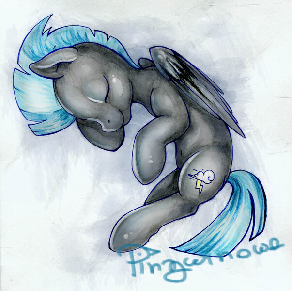 Size: 2409x2397 | Tagged: safe, artist:pingwinowa, derpibooru import, thunderlane, pegasus, pony, backwards cutie mark, cute, eyes closed, male, mixed media, sleeping, stallion, thunderbetes, traditional art