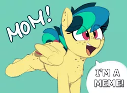Size: 979x719 | Tagged: safe, artist:shinodage, derpibooru import, edit, edited edit, oc, oc:apogee, unofficial characters only, pegasus, pony, adorkable, blue background, body freckles, bucking, butt freckles, chest fluff, chest freckles, cute, dialogue, dork, ear freckles, excited, exploitable meme, female, filly, fourth wall, freckles, happy, meme, meta, mom! meme, ocbetes, open mouth, proud, raised leg, self-aware, simple background, smiling, solo, speech bubble, tail wrap, teenager, text
