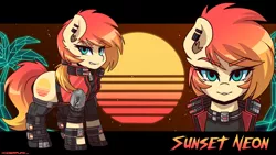 Size: 3840x2160 | Tagged: safe, artist:ciderpunk, derpibooru import, oc, oc:sunset neon, pony, armor, boots, clothes, cyberpunk, ear piercing, earring, gloves, jewelry, looking at you, piercing, retrowave, shoes, socks, synthwave, vest