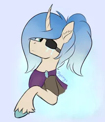 Size: 1181x1381 | Tagged: safe, artist:dyonys, derpibooru import, oc, oc:winter solace, unofficial characters only, pony, unicorn, abstract background, bust, clothes, curved horn, eyepatch, horn, male, ponytail, stallion, unshorn fetlocks