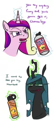 Size: 538x1200 | Tagged: safe, artist:jargon scott, derpibooru import, princess cadance, queen chrysalis, alicorn, changeling, changeling queen, pony, bear mace, bug spray, bust, cheeselegs, comic, dialogue, duo, female, glowing horn, horn, mace, magic, mare, mutually assured destruction, pepper spray, simple background, spray can, telekinesis, this will end in pain, this will end in tears, weapon, white background