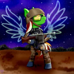 Size: 3000x3000 | Tagged: safe, artist:theartistsora, derpibooru import, oc, oc:wandering sunrise, unofficial characters only, earth pony, pony, fallout equestria, fallout equestria: dead tree, angel with a shotgun, angelic wings, armor, dead tree, fallout, female, green pony, gun, helmet, mare, orange tail, red mane, shotgun, song reference, the cab, tree, wandering sunrise, wasteland, weapon, white hair, wings