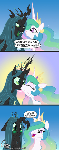 Size: 800x2035 | Tagged: safe, artist:omny87, derpibooru import, princess celestia, queen chrysalis, alicorn, changeling, changeling queen, pony, blushing, chryslestia, comic, crown, cute, cutealis, dialogue, eyes closed, female, floppy ears, floppy horn, horn, hornboner, jewelry, kissing, lesbian, lidded eyes, limp horn, mare, open mouth, regalia, shipping, speech bubble, wide eyes