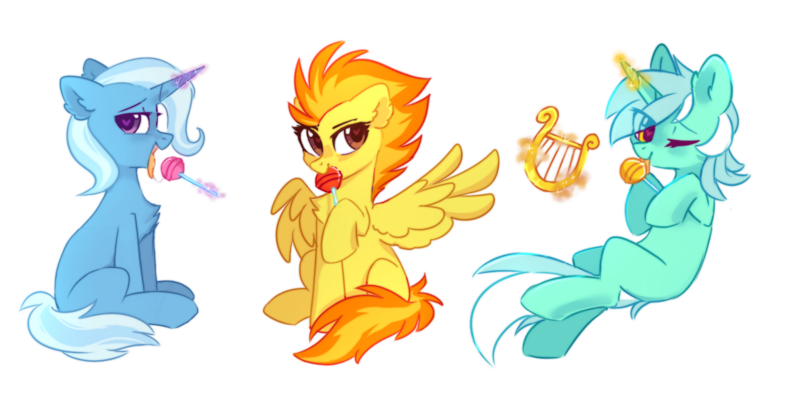 Size: 2828x1414 | Tagged: safe, artist:mirtash, derpibooru import, lyra heartstrings, spitfire, trixie, pegasus, pony, unicorn, candy, chest fluff, female, food, glowing horn, horn, magic, mare, missing cutie mark, one eye closed, rcf community, simple background, suggestive eating, telekinesis, white background