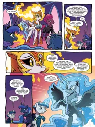 Size: 768x1024 | Tagged: safe, artist:tonyfleecs, derpibooru import, idw, daybreaker, nightmare moon, princess luna, stygian, tempest shadow, trixie, alicorn, pony, unicorn, nightmare knights, spoiler:comic, spoiler:comicnightmareknights05, armor, black sclera, comic, dialogue, empty eyes, eye contact, female, fire, grin, gritted teeth, lidded eyes, lock, looking at each other, looking up, male, mane of fire, mare, nightmare luna, preview, raised hoof, rearing, smiling, smirk, speech bubble, spread wings, stallion, starry night terror, text, the dark horse, wings