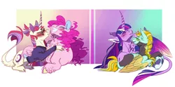 Size: 2000x991 | Tagged: safe, artist:eqq_scremble, derpibooru import, lightning dust, moondancer, pinkie pie, twilight sparkle, twilight sparkle (alicorn), alicorn, earth pony, pegasus, pony, unicorn, eqqverse, abstract background, alternate design, blushing, braid, cloven hooves, colored hooves, feathering, female, glasses, grooming, headcanon, helmet, hickey, hug, kissy face, leonine tail, lesbian, mare, moonpie, next generation, polyamory, preening, pullover, royal guard, shipping, smiling, twidust, twinkie, unshorn fetlocks