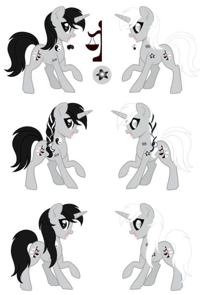 Size: 1800x2600 | Tagged: safe, artist:palerose522, derpibooru import, oc, oc:neigh-jing, unofficial characters only, pony, unicorn, alternate hairstyle, black sclera, chinese text, colored sclera, female, hairpin, heterochromia, mare, open mouth, ponytail, raised hoof, reference sheet, simple background, solo, tattoo, transparent background, yin-yang