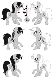 Size: 1800x2600 | Tagged: safe, artist:palerose522, derpibooru import, oc, oc:neigh-jing, unofficial characters only, pony, unicorn, alternate hairstyle, black sclera, chinese text, colored sclera, female, hairpin, heterochromia, mare, open mouth, ponytail, raised hoof, reference sheet, simple background, solo, tattoo, transparent background, yin-yang