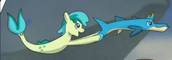Size: 567x197 | Tagged: artist:chedx, barracuda, comic:the weekend wager, commission, cropped, cutie mark, derpibooru import, fins, fish, gallus, gallus the barracuda, male, safe, sandbar, seaponified, seapony (g4), seapony sandbar, seaquestria, smiling, species swap, tail, tail fin