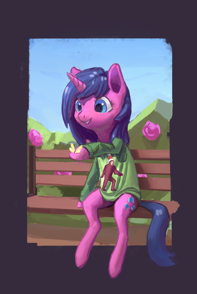 Size: 1850x2764 | Tagged: safe, artist:rhorse, deleted from derpibooru, derpibooru import, oc, oc:fizzy pop, butterfly, pony, semi-anthro, unicorn, bench, bigfoot, clothes, cute, design, female, flower, grin, looking at something, low poly, mare, ocbetes, park, rose, shirt, shirt design, smiling, solo