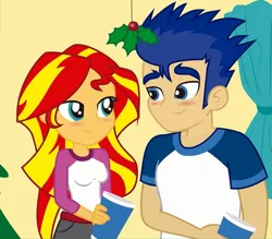 Size: 710x622 | Tagged: safe, artist:conikiblasu-fan, derpibooru import, edit, flash sentry, sunset shimmer, equestria girls, cropped, female, flashimmer, holly, holly mistaken for mistletoe, male, shipping, straight