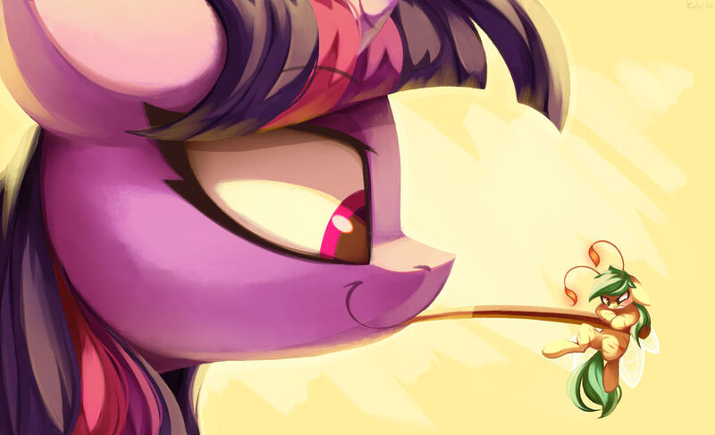 Size: 1024x623 | Tagged: safe, artist:kaleido-art, derpibooru import, twilight sparkle, oc, oc:honeydew, alicorn, breezie, pony, :t, angry, blushing, commission, duo, female, floppy ears, food, frown, glare, gritted teeth, hanging, leaning, lidded eyes, macro, mare, pocky, simple background, size difference, smiling, smirk, smug, yellow background