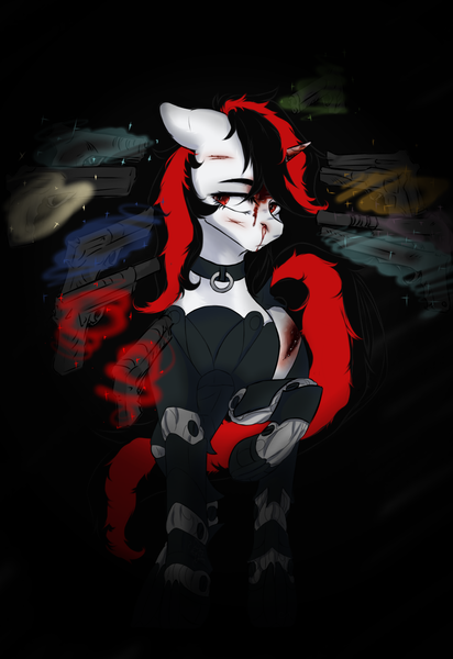 Size: 1168x1700 | Tagged: semi-grimdark, artist:genociz, derpibooru import, oc, oc:blackjack, unofficial characters only, cyborg, pony, unicorn, fallout equestria, fallout equestria: project horizons, fanfic, blood, commission, fanfic art, female, gun, handgun, horn, levitation, magic, pipbuck, security guard, simple background, solo, telekinesis, wasteland, weapon