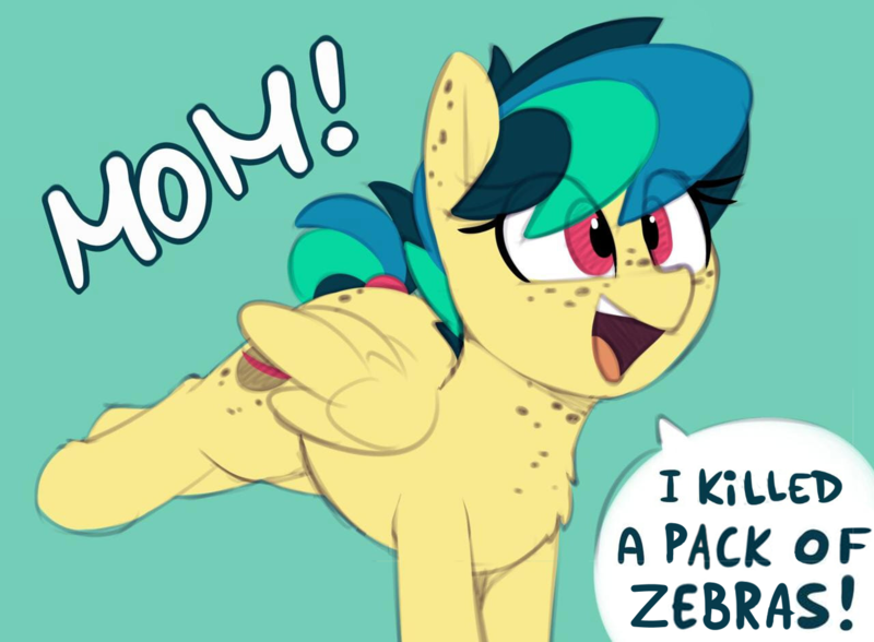 Size: 1280x941 | Tagged: safe, artist:shinodage, derpibooru import, edit, oc, oc:apogee, unofficial characters only, pegasus, pony, adorkable, blue background, body freckles, bucking, butt freckles, chest fluff, chest freckles, cute, dialogue, dork, ear freckles, excited, exploitable meme, female, filly, freckles, happy, image, implied violence, meme, mom! meme, ocbetes, open mouth, png, proud, raised leg, self defense, shitposting, simple background, smiling, solo, speech bubble, tail wrap, teenager, text