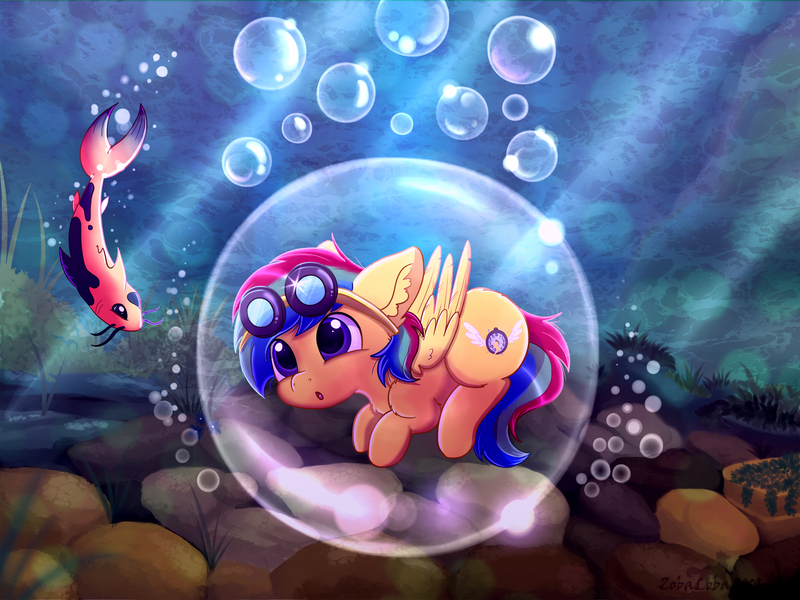 Size: 2100x1575 | Tagged: safe, artist:zobaloba, derpibooru import, oc, oc:zenith spark, unofficial characters only, fish, pegasus, pony, bubble, commission, complex background, curiosity, cute, digital art, full body, goggles, male, nature, paint tool sai, plants, rock, solo, underwater, water, ych result