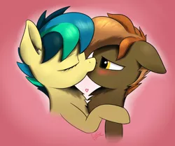 Size: 2220x1852 | Tagged: safe, derpibooru import, button mash, oc, oc:apogee, pony, blushing, buttongee, eyes closed, female, hug, kissing, male, passionate, simple background, straight