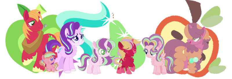 Size: 1024x350 | Tagged: safe, artist:blueberrymuffin02, artist:selenaede, derpibooru import, big macintosh, starlight glimmer, oc, oc:jiji glimmer, oc:klara glimmer, oc:mike mac, oc:sugar apple, oc:triples, earth pony, pony, unicorn, baby, baby pony, base used, chest fluff, colt, cutie mark background, family, female, filly, freckles, glimmermac, half-siblings, male, mare, offspring, parent:big macintosh, parent:cheerilee, parent:starlight glimmer, parents:cheerimac, parents:glimmermac, shipping, stallion, straight