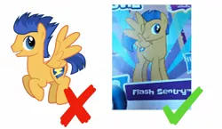 Size: 1242x720 | Tagged: safe, derpibooru import, flash sentry, pegasus, pony, blind bag card, check mark, cross, male, mane swap, stallion