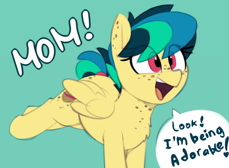 Size: 800x588 | Tagged: safe, artist:shinodage, derpibooru import, edit, oc, oc:apogee, unofficial characters only, pegasus, pony, adorkable, blue background, body freckles, bucking, butt freckles, chest fluff, chest freckles, cute, diabetes, diageetes, dialogue, dork, ear freckles, excited, exploitable meme, female, filly, freckles, happy, meme, mom! meme, ocbetes, open mouth, proud, raised leg, simple background, smiling, solo, speech bubble, tail wrap, teenager, text