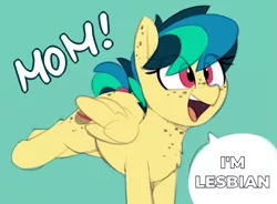 Size: 979x719 | Tagged: safe, artist:shinodage, derpibooru import, edit, oc, oc:apogee, unofficial characters only, pegasus, pony, adorkable, blue background, body freckles, bucking, butt freckles, chest fluff, chest freckles, cute, dialogue, dork, ear freckles, excited, exploitable meme, female, filly, freckles, happy, lesbian, meme, mom! meme, ocbetes, open mouth, proud, raised leg, shitposting, simple background, smiling, solo, speech bubble, tail wrap, teenager, text