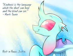 Size: 2422x1864 | Tagged: artist:dsana, changedling, changedling oc, changeling, changeling oc, derpibooru import, dsana is trying to murder us, in memoriam, justin blum, light, looking up, mark twain, memorial, oc, oc:dopple, quote, raised leg, rest in peace, safe, smiling, solo, sunshine, tribute, unofficial characters only