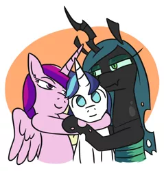 Size: 684x715 | Tagged: safe, artist:jargon scott, derpibooru import, princess cadance, queen chrysalis, shining armor, alicorn, changeling, changeling queen, pony, unicorn, bedroom eyes, bisexual, cadalis, chrysarmordance, empty eyes, eye contact, female, group hug, head tilt, hug, infidelity, lesbian, lidded eyes, looking at each other, looking at you, male, mare, no catchlights, no pupils, ot3, polyamory, shining armor gets all the mares, shining chrysalis, shiningcadance, shipping, simple background, smiling, stallion, straight, thousand yard stare, white background